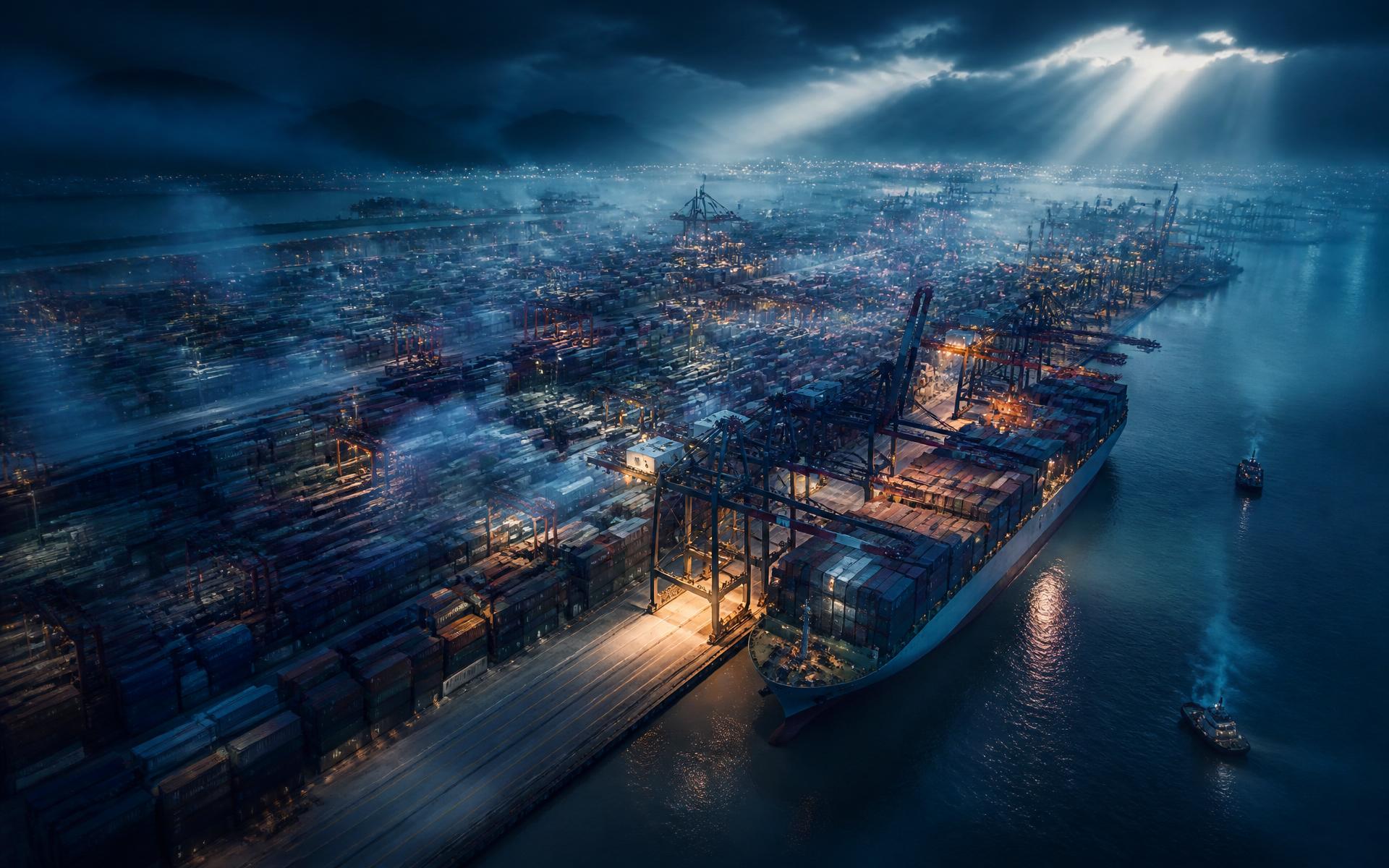 Global port at blue hour